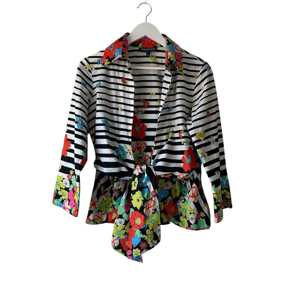 VTG Mishca Red Multicolored Striped Wrap Top Floral Tie Front Sz Small Cotton
